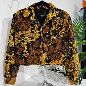 Vintage Versace Jeans Couture Black & Gold Baroque Cropped Denim Jacket